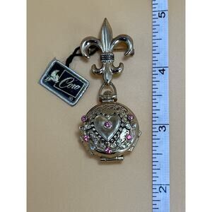 Vintage Coro Fleur De Lis Locket Brooch 1950s Gold With Pink Stones